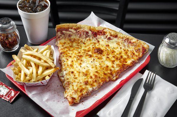 PIZZA SLICE WITH DRINK AND FRIES