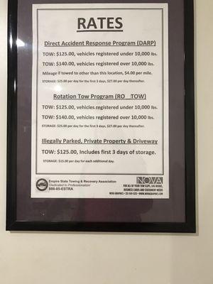 This is the tow rates placed on their wall and yet I got charged $252 to release the car.