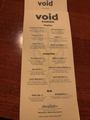 Cocktail menu