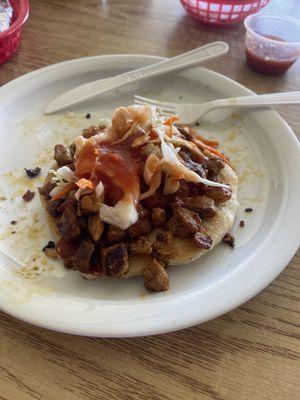 Cheese Pupusa with Pastor meat on top! Let me tell you! This is the way...