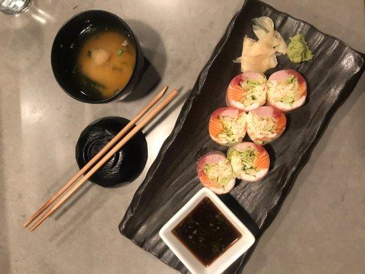 Miso Soup and Krystal Rainbow Roll