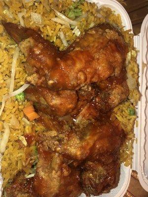 Chicken wings with BBQ sauce and Veggie Fried Rice