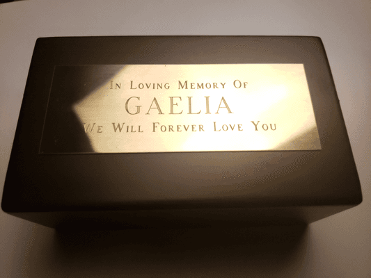 Pet Rest in Peace urn box with memorial plate for my Gaelia.