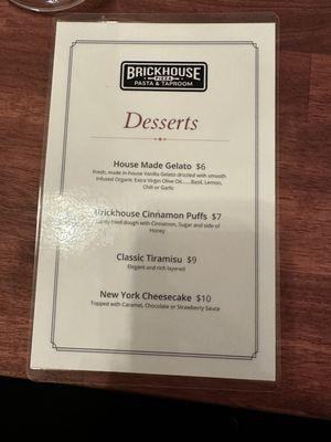 Dessert menu