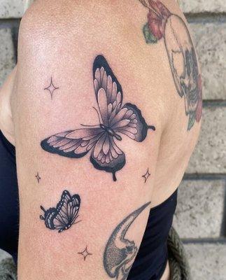 Butterflies Tattoo
 Mr. Inkwells Tattoo Shop
 #tattooshop
  #blackworktattoos