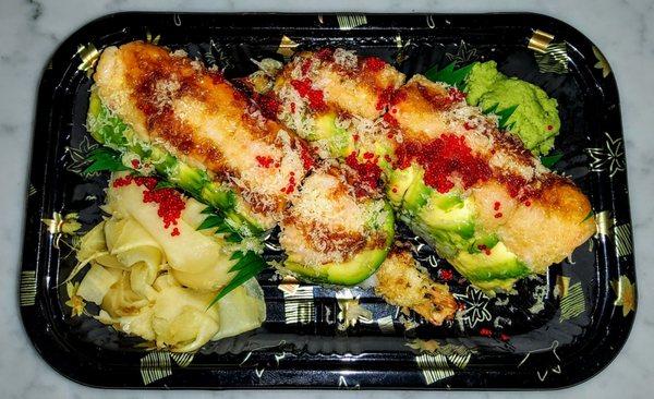 Crazy Friday Roll: Shrimp tempura and cucumber inside, avocado, lobster salad, crunch, and fish roe on top. Eel sauce. $16.49