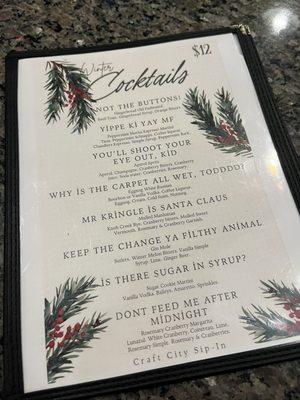 Winter Cocktail menu