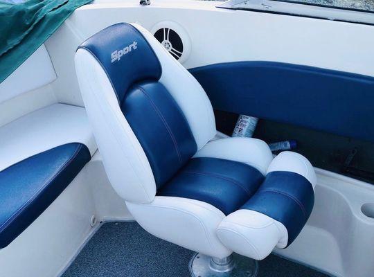 Boat Interior Full 
 Custom Reupholstery with Embroider Lettering