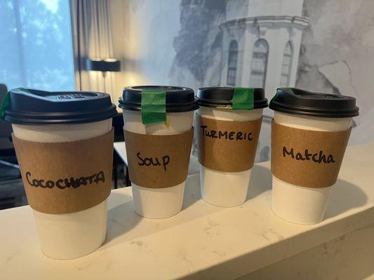 Cocochata Latte, Hot Golden Guyana Soup, Turmeric Spice Immunity Latte, Matcha Con Leche Latte. All of them were delicious.