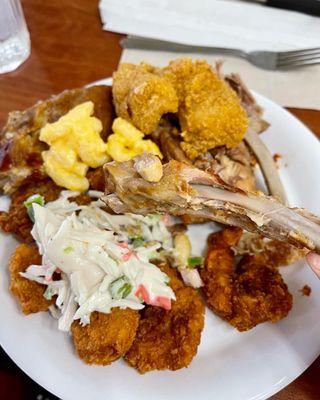 Spicy Cayenne Spare Ribs, fried shrimp, Fried Fish, Macaroni & Cheese