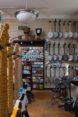 Banjos and hard to find strings at the Old Town School Music Store