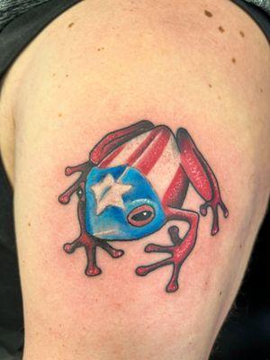 "A coqui frog with the Puerto Rican flag seamlessly woven into its skin, symbolizing pride and cultural heritage."