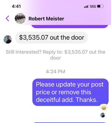 Salesman thinks it's hilarious that I ask him to correct the posting which reflects an $1807 price.