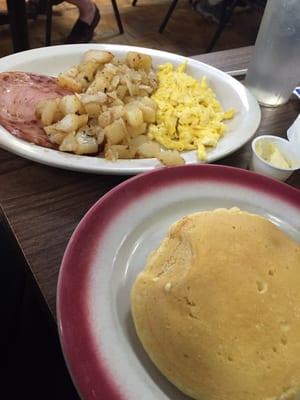 Pancakes, ham, eggs & home fries.