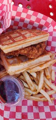 Chicken and waffle sandwich.