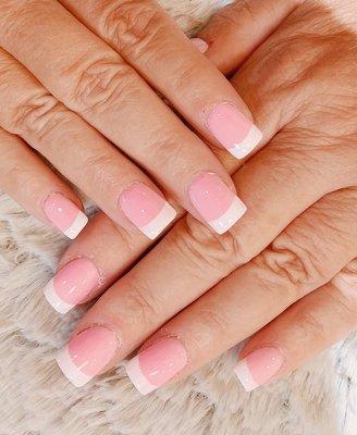 Pink white gel acrylic solar nails. Call appointment Susan 573-590-5064