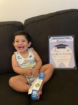 OFDG gave him a certificate for his first dental visit