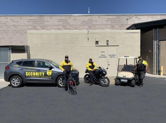 Las Vegas Security provides branded, company vehicles, motorcycles, golf carts and/or bicycles to cover every square inch of your property.