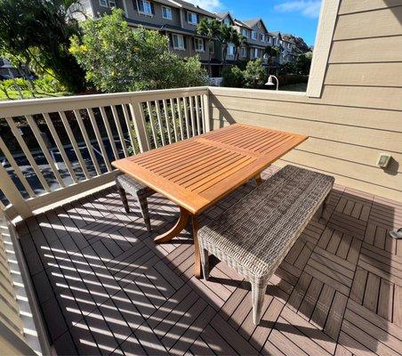 5' Teak Table Top (After teak protector Honey color) Bangkok Teak Stand  2 woven benches