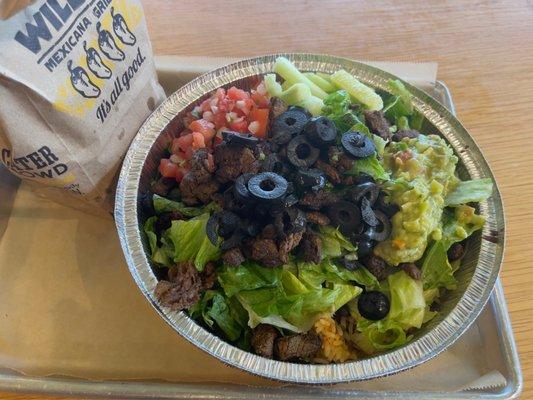 Goal Bowl with steak, beans, rice, and the rest.