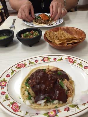 Carne asada taco (in back) and chicken mole (in front)!