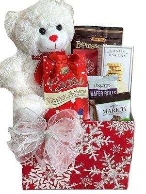 Holiday Gift Basket Snowflake Themed with Teddy Bear, Cookies, Chocolates and more.