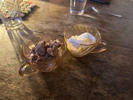 Tapioca pudding with ice cream (chocolate ice cream on left, vanilla ice cream on right)