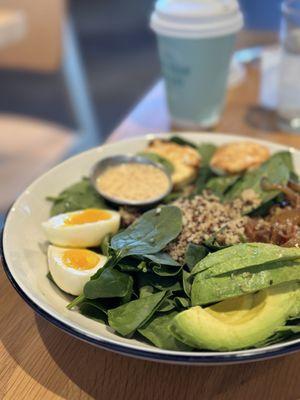 Fancy Farmer Bowl (Quinoa, spinach, 6-minute egg, bruleed goat cheese, red bell peppers, avocado, pear vinaigrette)