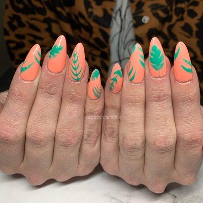 Aprés gel extensions with hand painted leaf designs