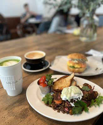 Lamb Hash & Smoked salmon, avocado & egg sandwich