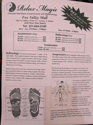 Whole menu and info about acupressure and reflexology