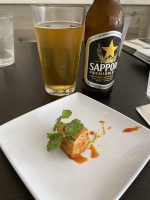 Piece of Tamarind Tofu and beer!