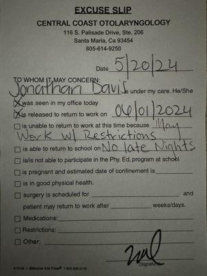 This is a doctors note excusing me for two weeks as I'm completely draining from my sinuses on a very extensive sinus surgery.