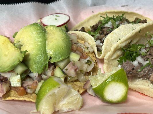 Tostada de pulpo and tacos de lengua and carne asada