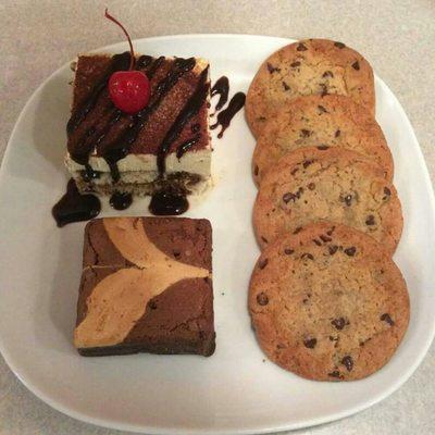 Exupery desserts, tiramisu, brownie, cookies