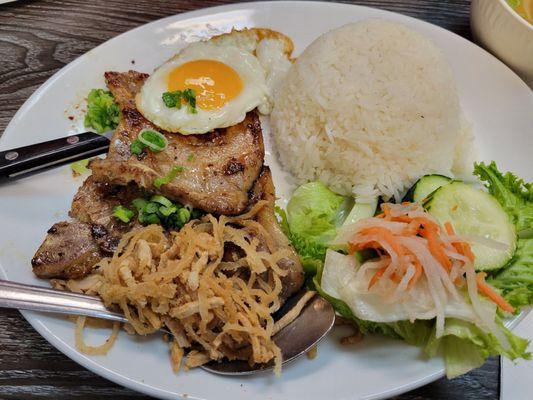 Pork chop rice plate with egg