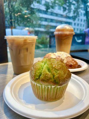 Pistachio muffin, almond croissant