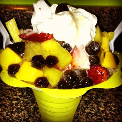 The best shaved ice/snowball to ever surface the planet!! Coconut ice cream, fresh fruit, boba balls, condensed milk & whip!