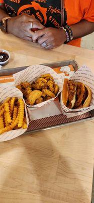 French fries, chicken nuggets and bbq chicken sandwich