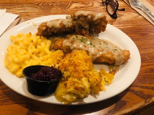 I died and went to heaven. So delicious. Fried Turkey, gravy, Mac and cheese, famous hash brown casserole. Add in some cranberry sauce.