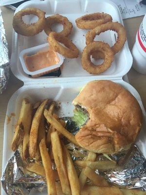 Big Double with Cajun Fries and Beef Quesadilla. Got a order of onion rings on the side. Cookout Sauce!