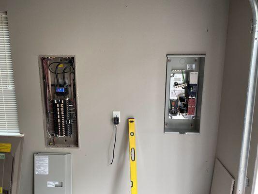 New installation of a service entrance rated automatic transfer switch near the existing electrical panel for a standby generator.