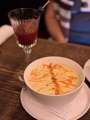 Cauliflower soup and blueberry martini!