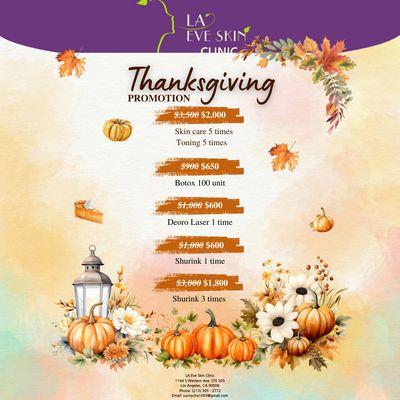 Treat your skin this Thanksgiving with Toning Laser. Enjoy radiant results! Book now for holiday discounts and get ready to glow all season!