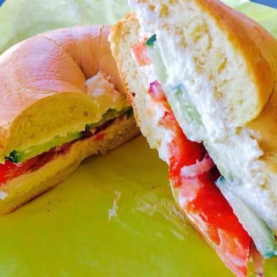 Veggie Bagel - Cream Cheese, Tomato, Red Onion and Cucumber.  I'd add some black pepper to bring out the flavors.