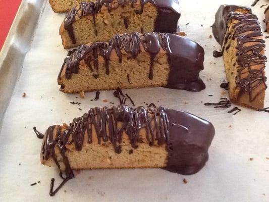 Peanut Butter Biscotti dipped and drizzled with Dark Chocolate