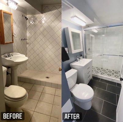 Before and after of the 3/4 bath remodel