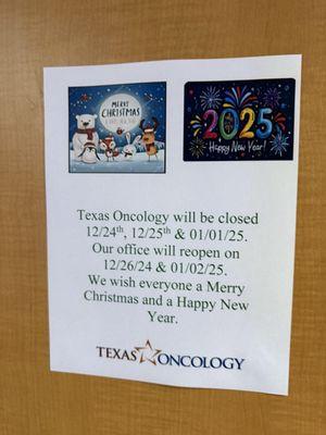 Texas Oncology 2024 Holiday schedule