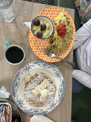 Coconut banana pancakes, sun dried tomato omelette