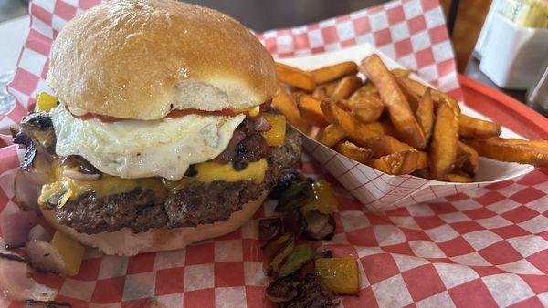 7oz on Sourdough, Cheddar, Grilled onion, peppers, mushroom with a fried egg and sweet potato fries.